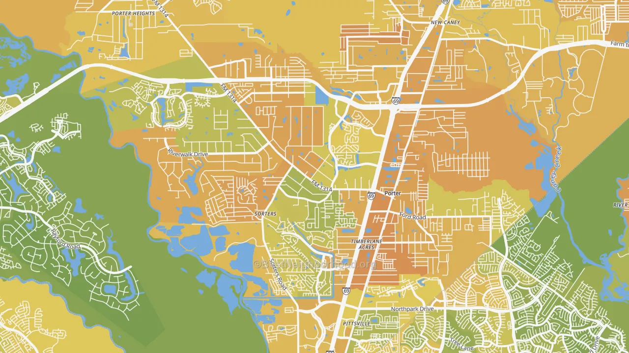 Map of the best neighborhoods in the 77365 area, with better matches in green and worse matches in red