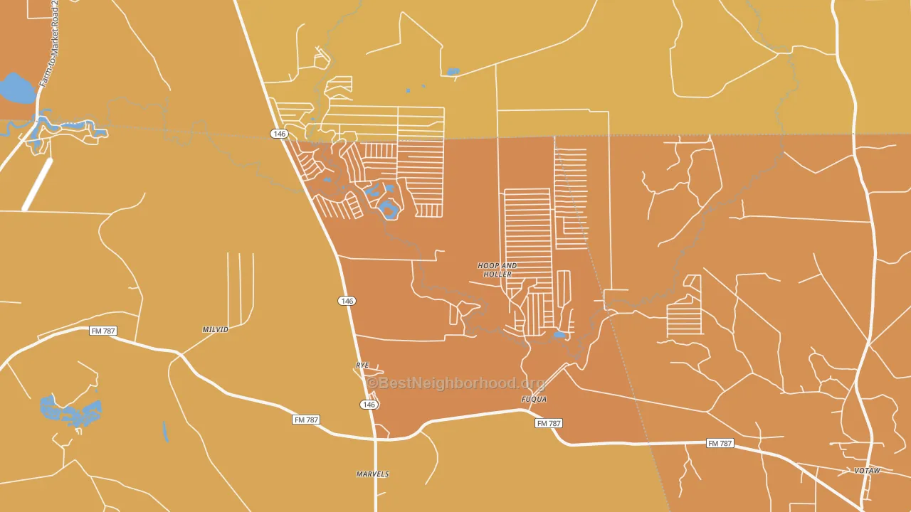 Map of the best neighborhoods in the 77369 area, with better matches in green and worse matches in red