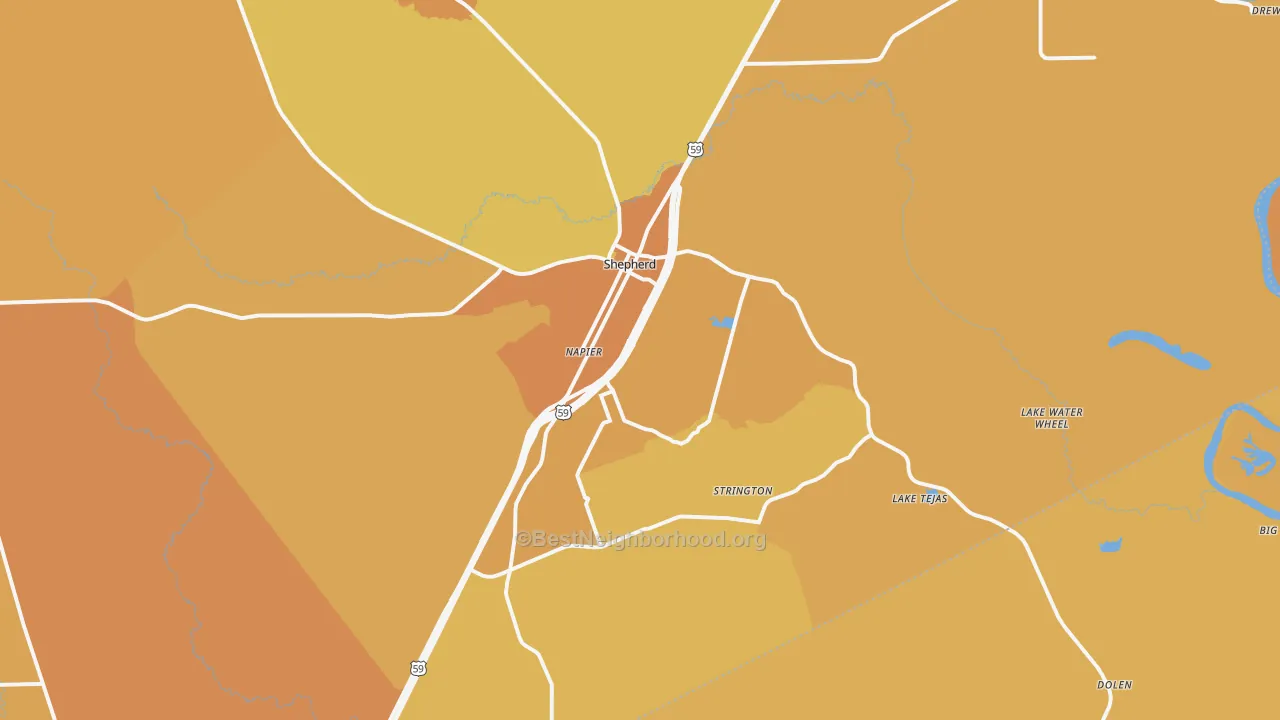 Map of the best neighborhoods in the 77371 area, with better matches in green and worse matches in red