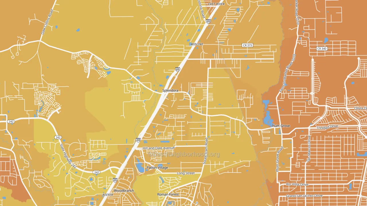 Map of the best neighborhoods in the 77372 area, with better matches in green and worse matches in red