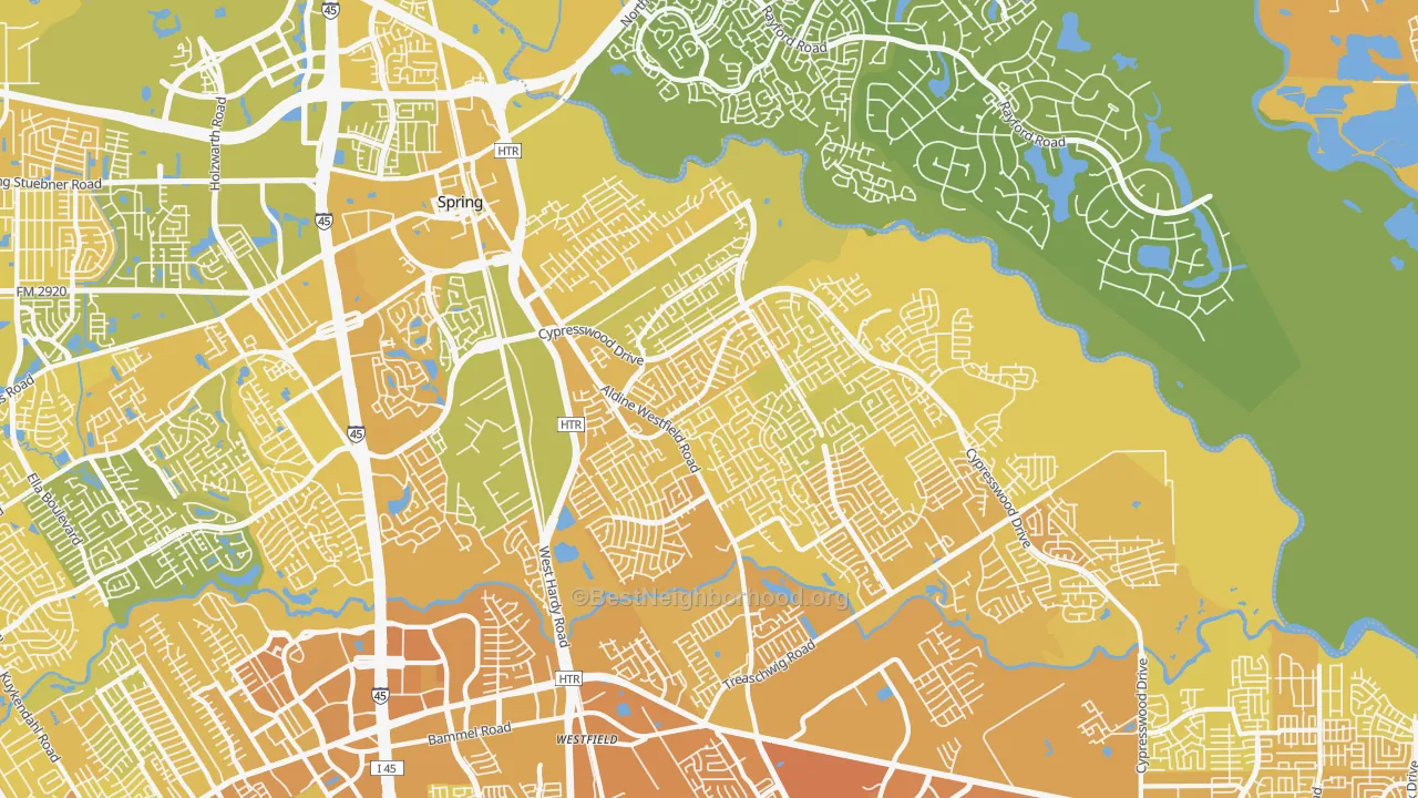 Map of the best neighborhoods in the 77373 area, with better matches in green and worse matches in red
