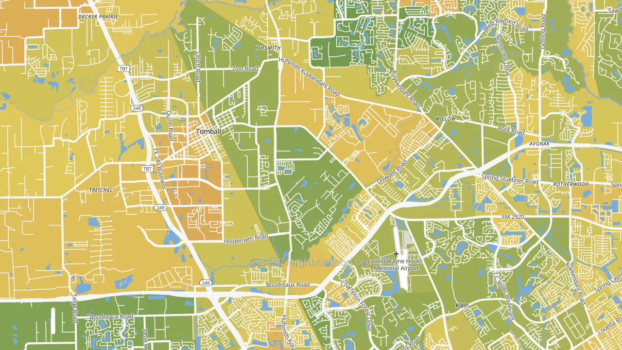 Map of the best neighborhoods in the 77375 area, with better matches in green and worse matches in red