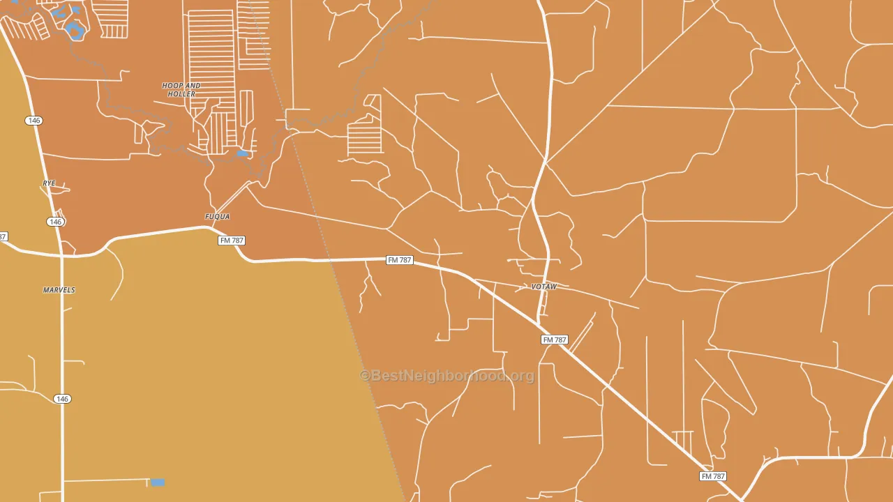 Map of the best neighborhoods in the 77376 area, with better matches in green and worse matches in red