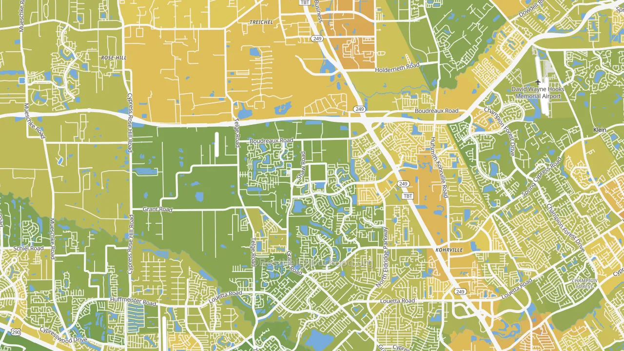 Map of the best neighborhoods in the 77377 area, with better matches in green and worse matches in red