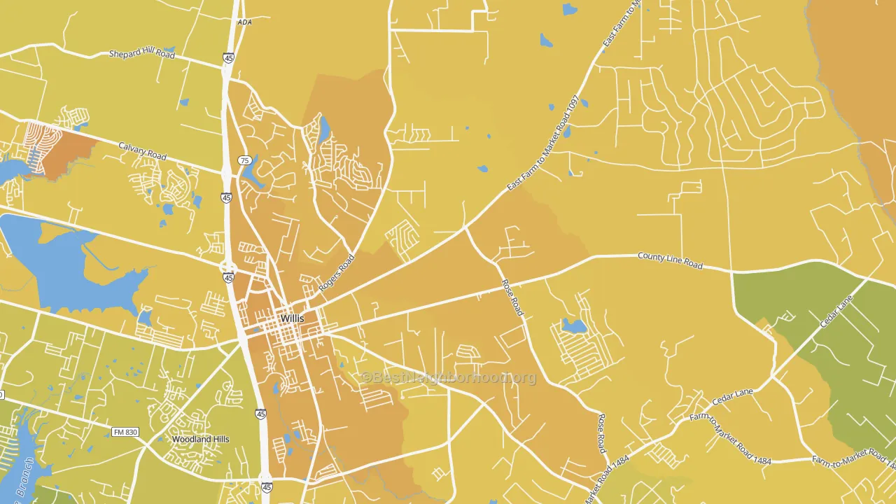 Map of the best neighborhoods in the 77378 area, with better matches in green and worse matches in red