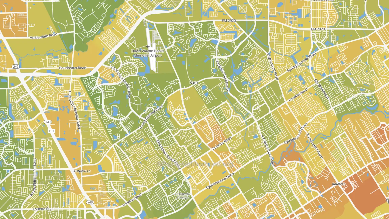 Map of the best neighborhoods in the 77379 area, with better matches in green and worse matches in red