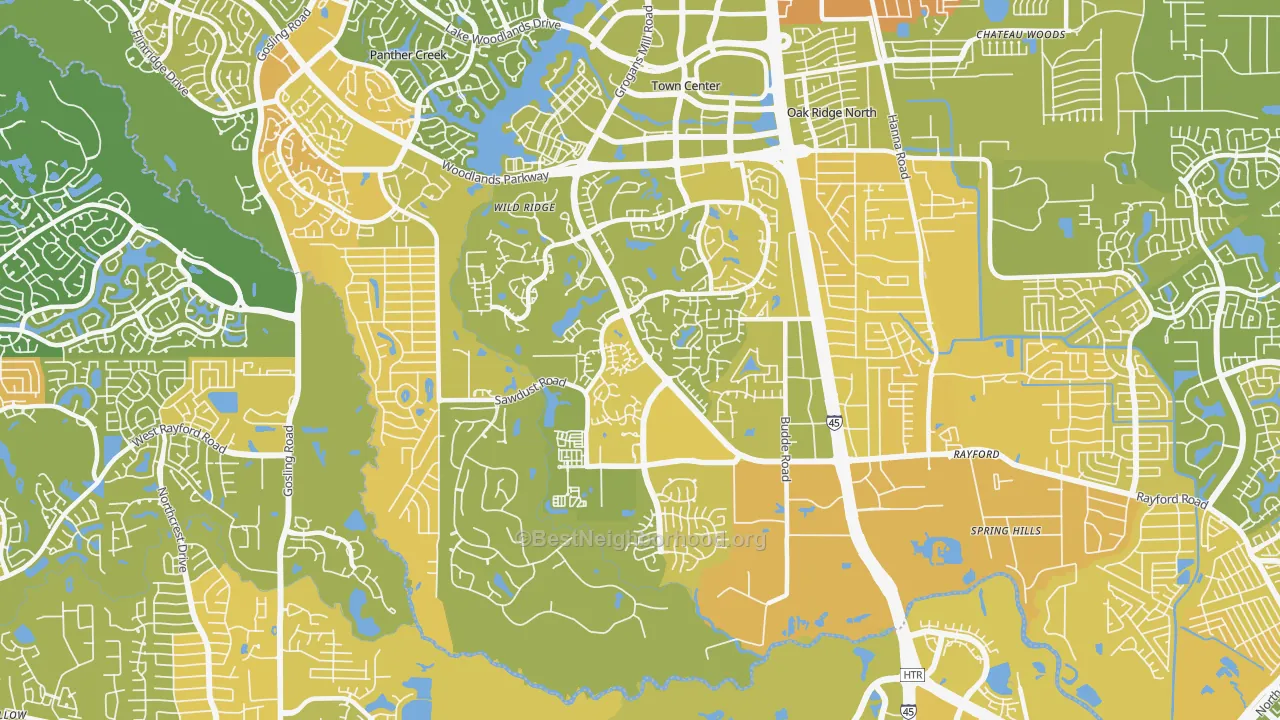 Map of the best neighborhoods in the 77380 area, with better matches in green and worse matches in red