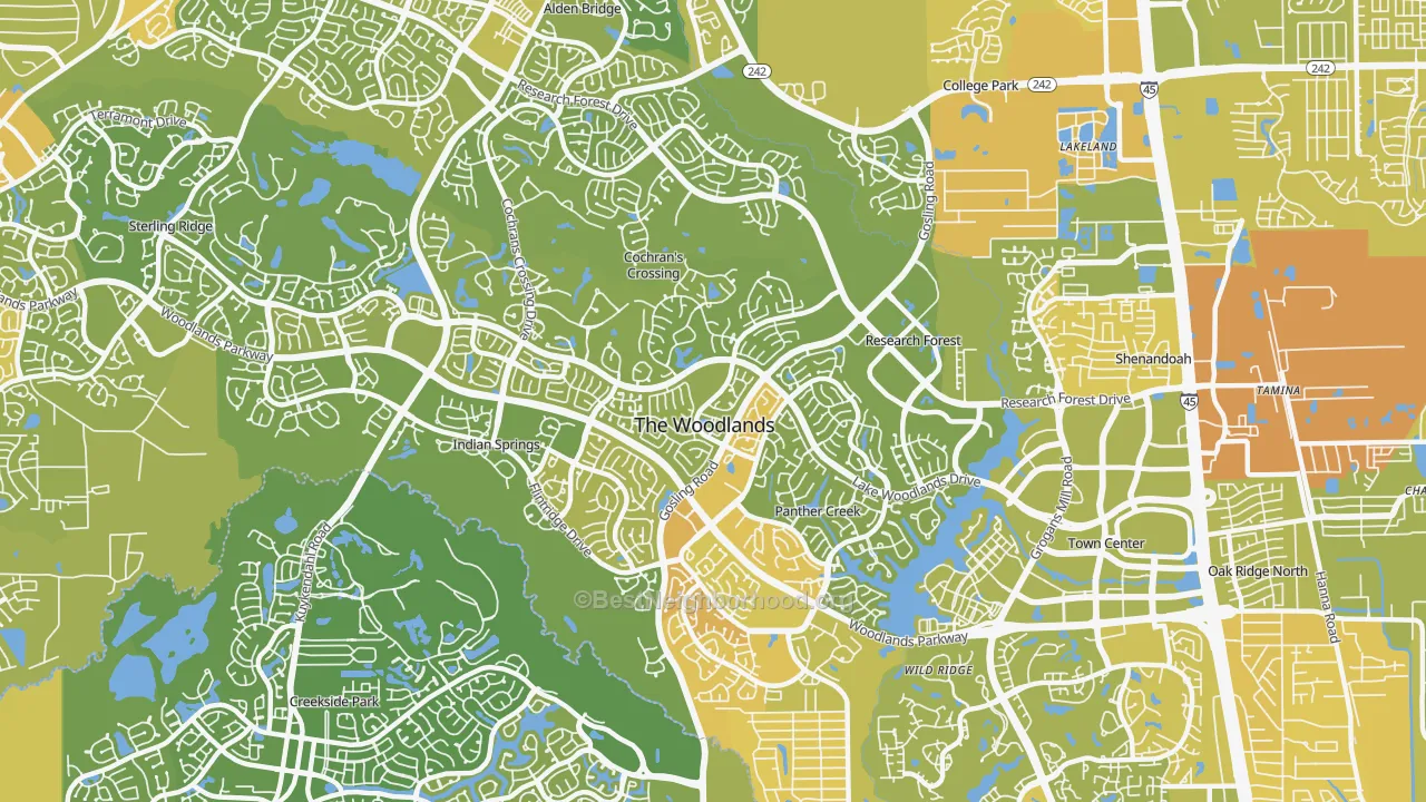 Map of the best neighborhoods in the 77381 area, with better matches in green and worse matches in red