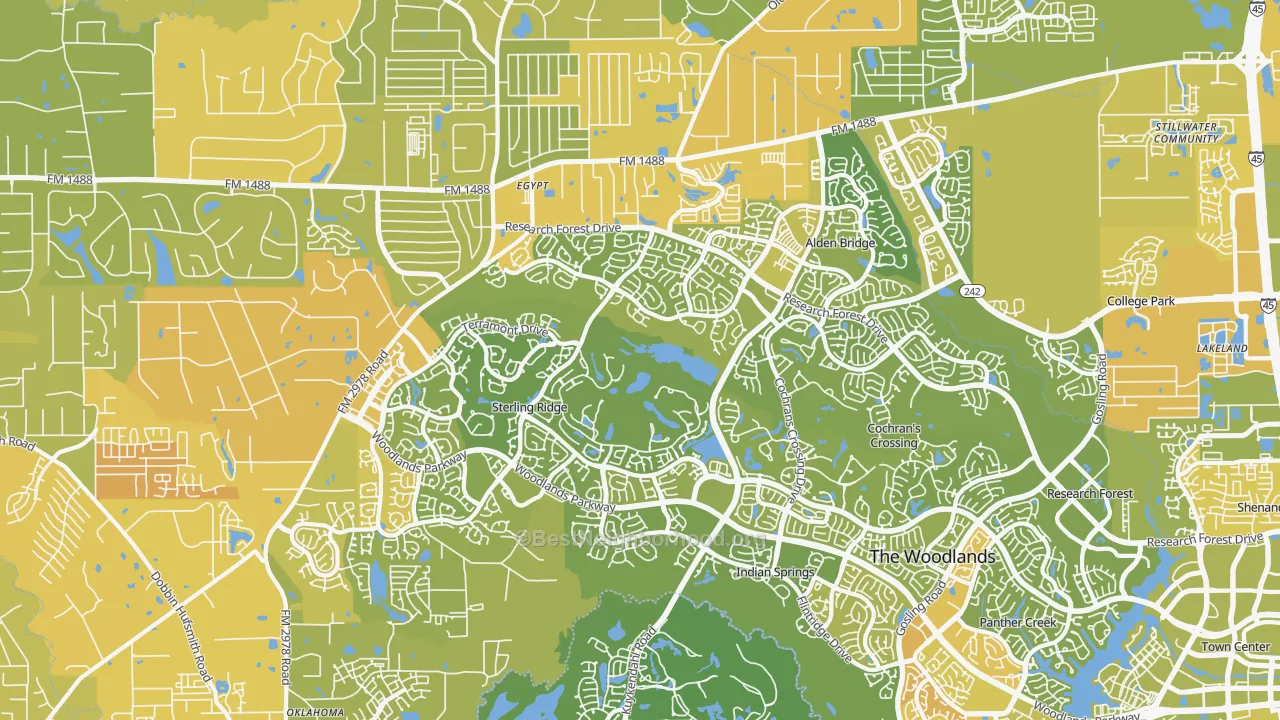 Map of the best neighborhoods in the 77382 area, with better matches in green and worse matches in red