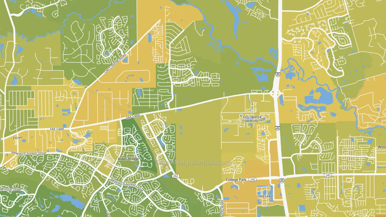 Map of the best neighborhoods in the 77384 area, with better matches in green and worse matches in red