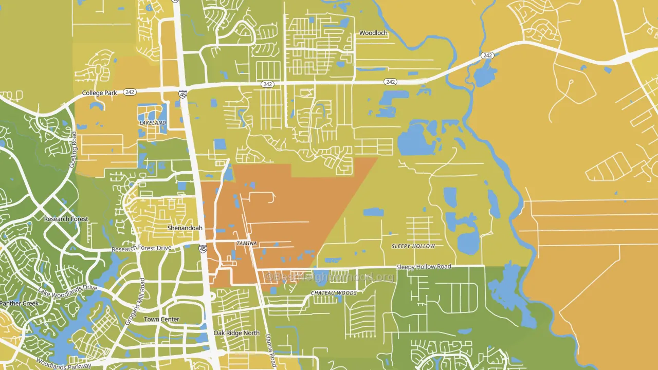 Map of the best neighborhoods in the 77385 area, with better matches in green and worse matches in red