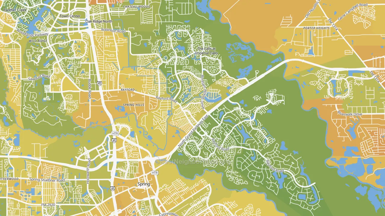 Map of the best neighborhoods in the 77386 area, with better matches in green and worse matches in red