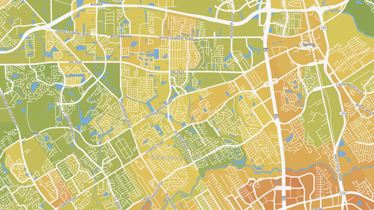 Map of the best neighborhoods in the 77388 area, with better matches in green and worse matches in red