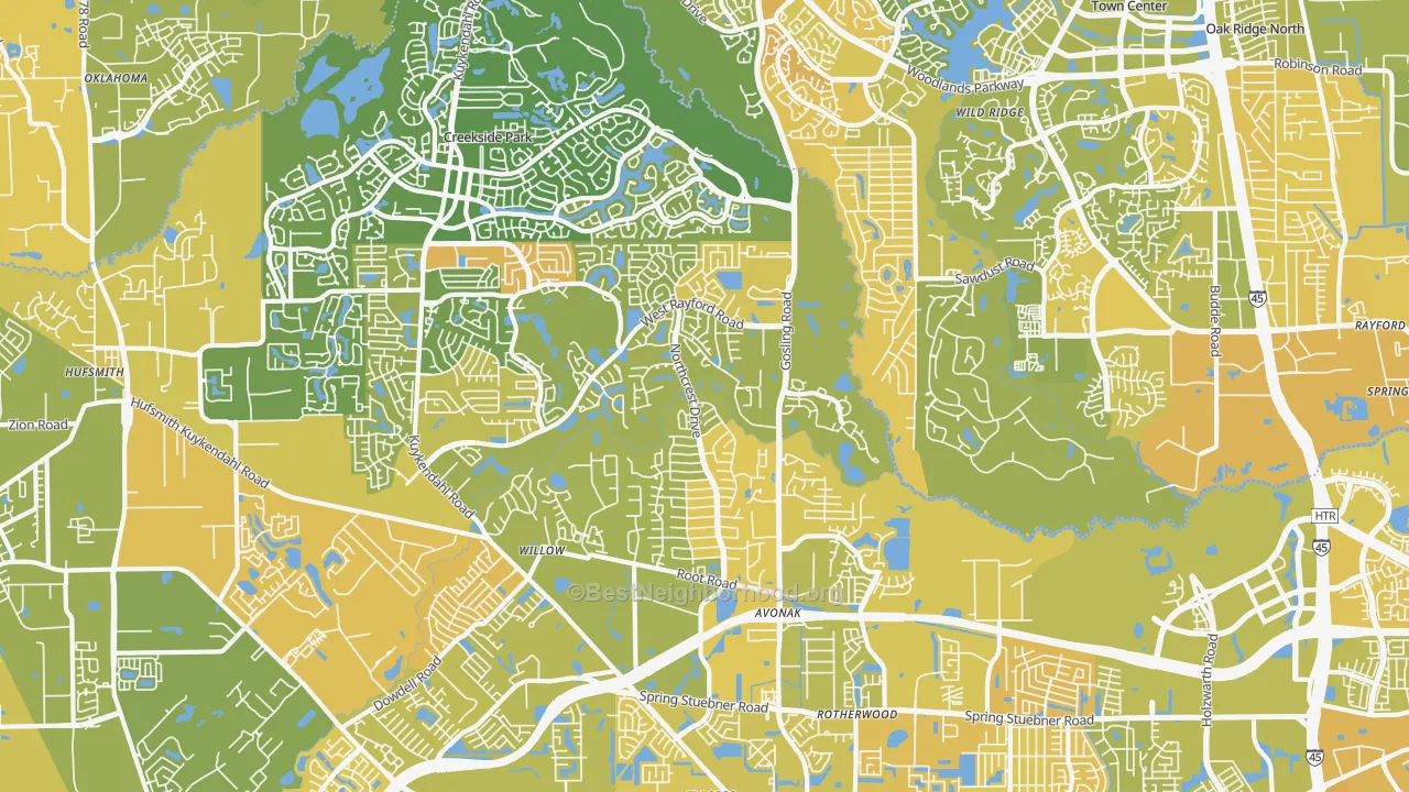 Map of the best neighborhoods in the 77389 area, with better matches in green and worse matches in red