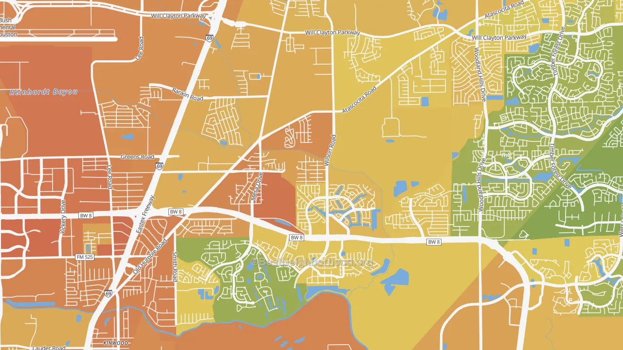 Map of the best neighborhoods in the 77396 area, with better matches in green and worse matches in red