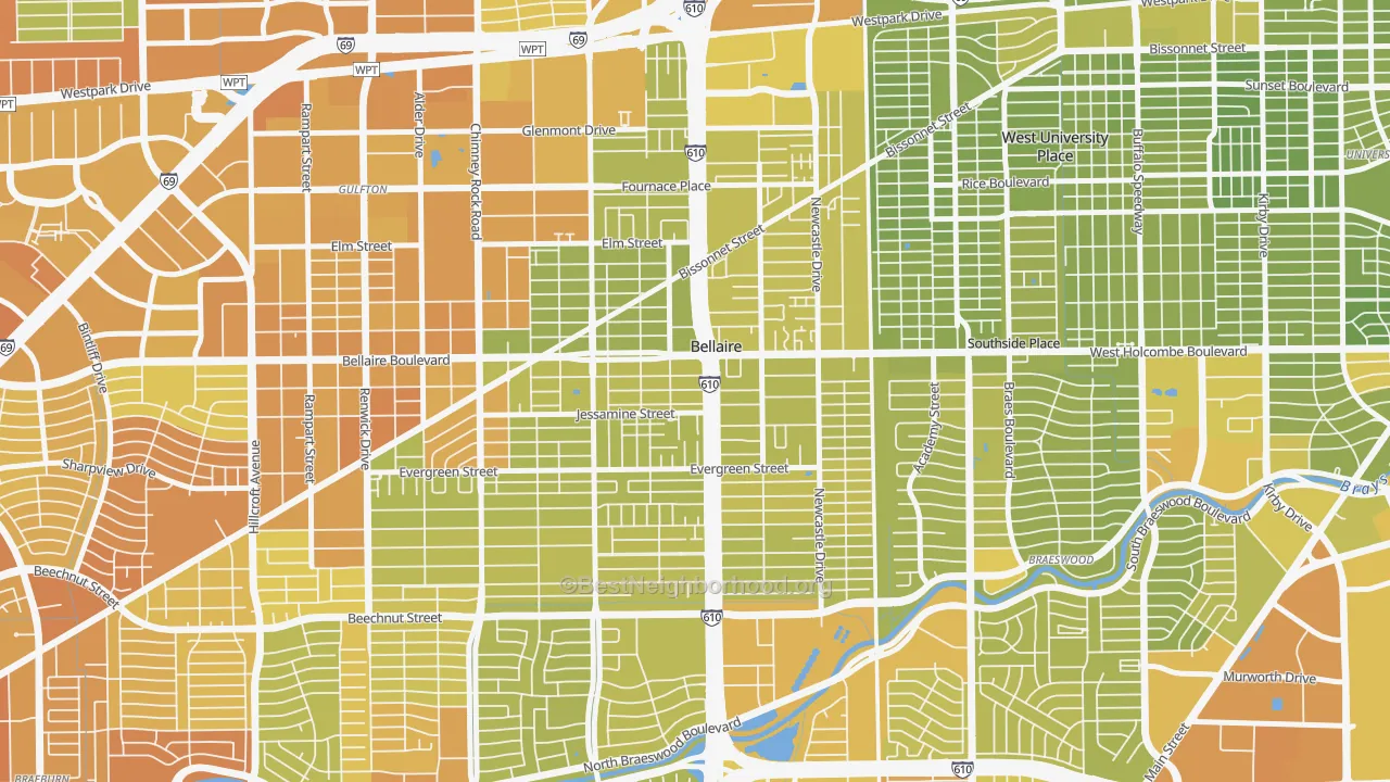 Map of the best neighborhoods in the 77401 area, with better matches in green and worse matches in red