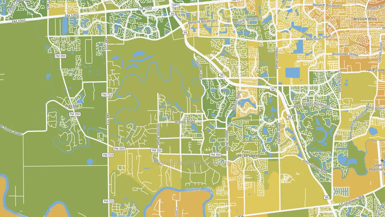 Map of the best neighborhoods in the 77406 area, with better matches in green and worse matches in red