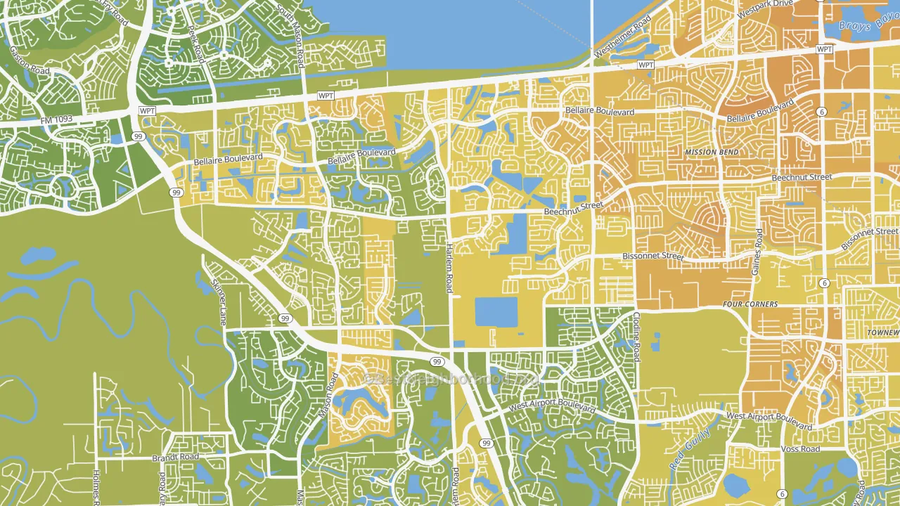 Map of the best neighborhoods in the 77407 area, with better matches in green and worse matches in red