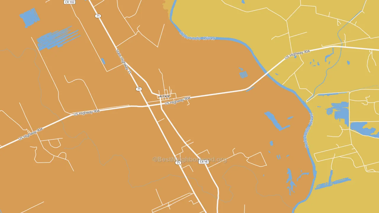 Map of the best neighborhoods in the 77412 area, with better matches in green and worse matches in red