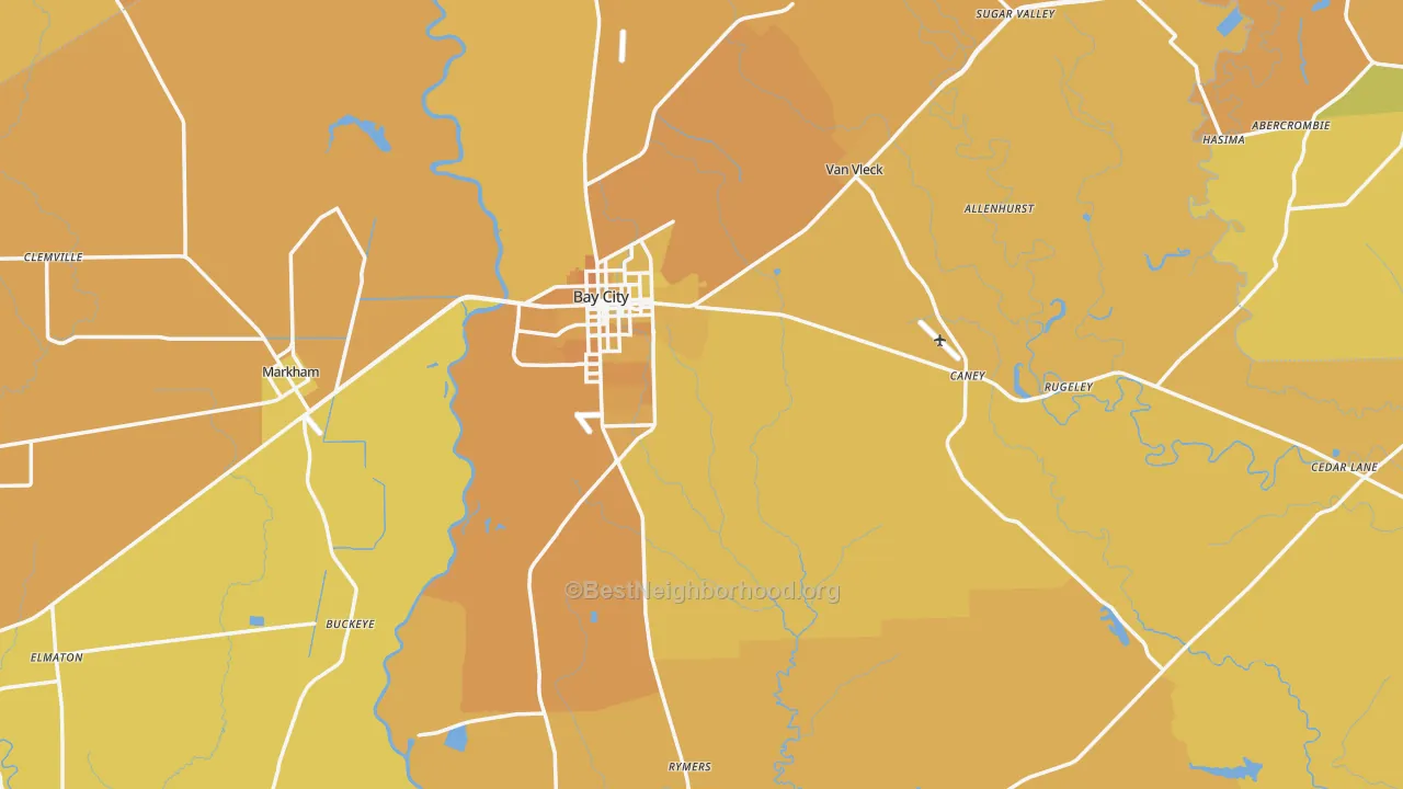 Map of the best neighborhoods in the 77414 area, with better matches in green and worse matches in red