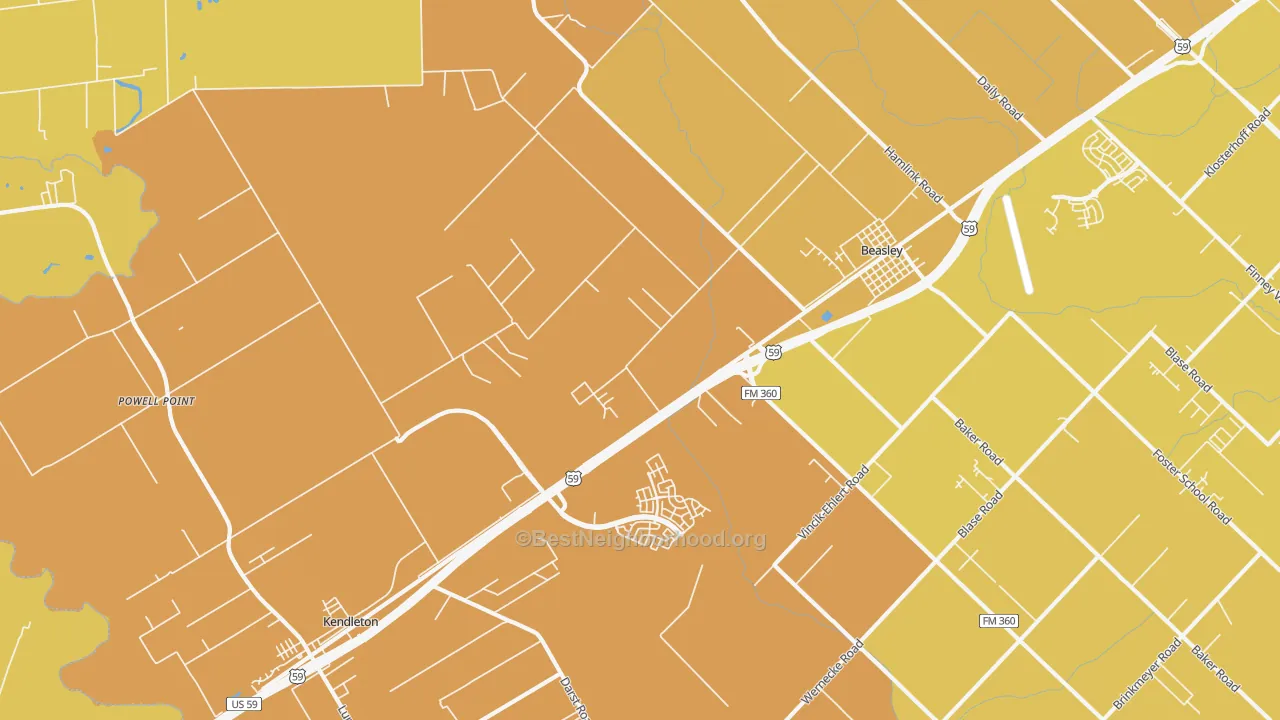 Map of the best neighborhoods in the 77417 area, with better matches in green and worse matches in red