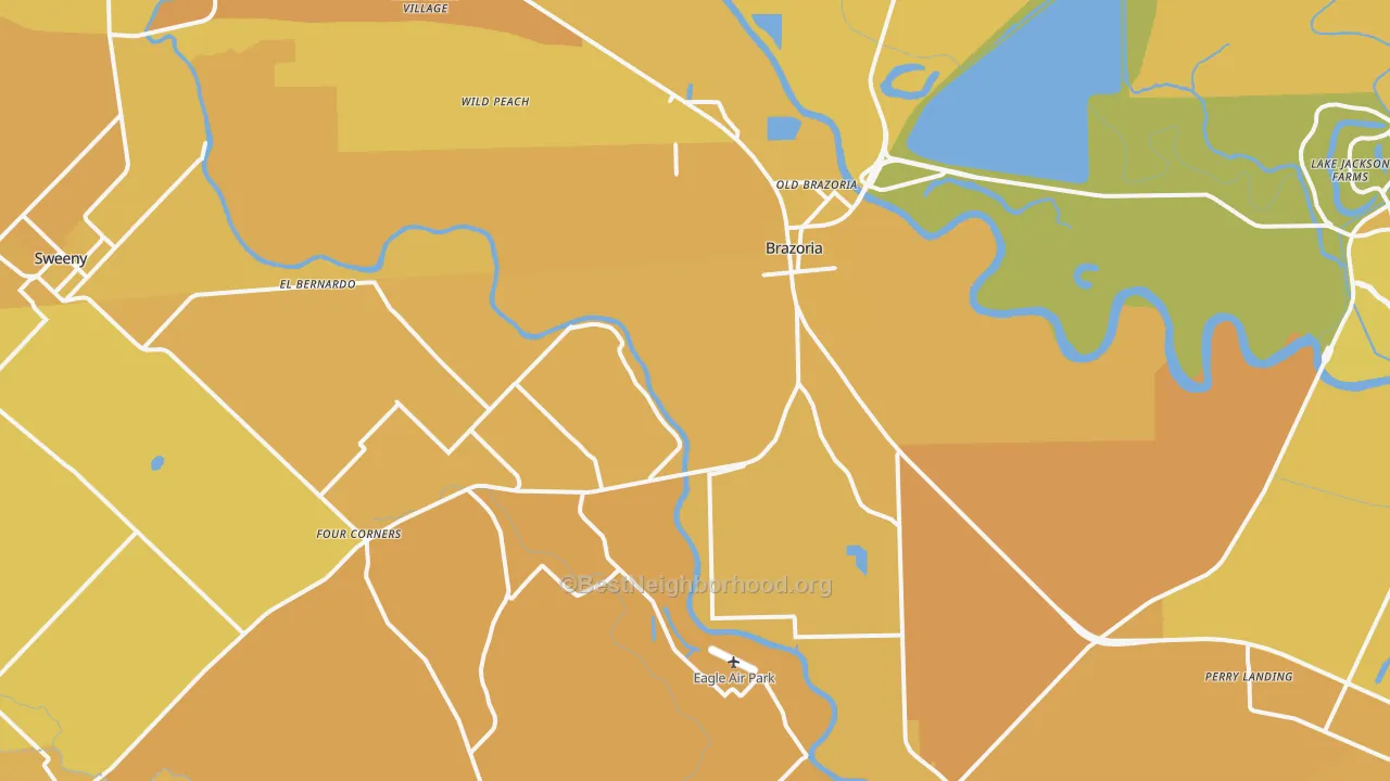 Map of the best neighborhoods in the 77422 area, with better matches in green and worse matches in red