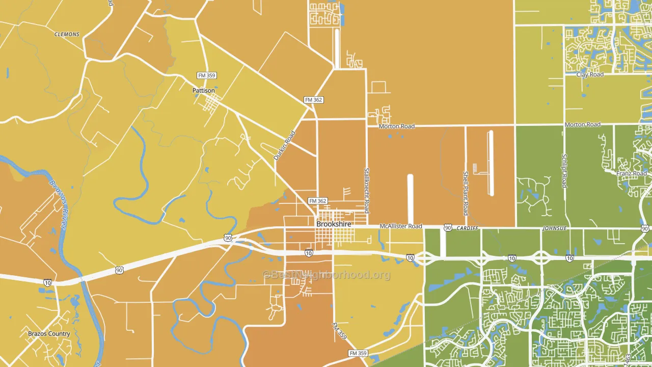 Map of the best neighborhoods in the 77423 area, with better matches in green and worse matches in red