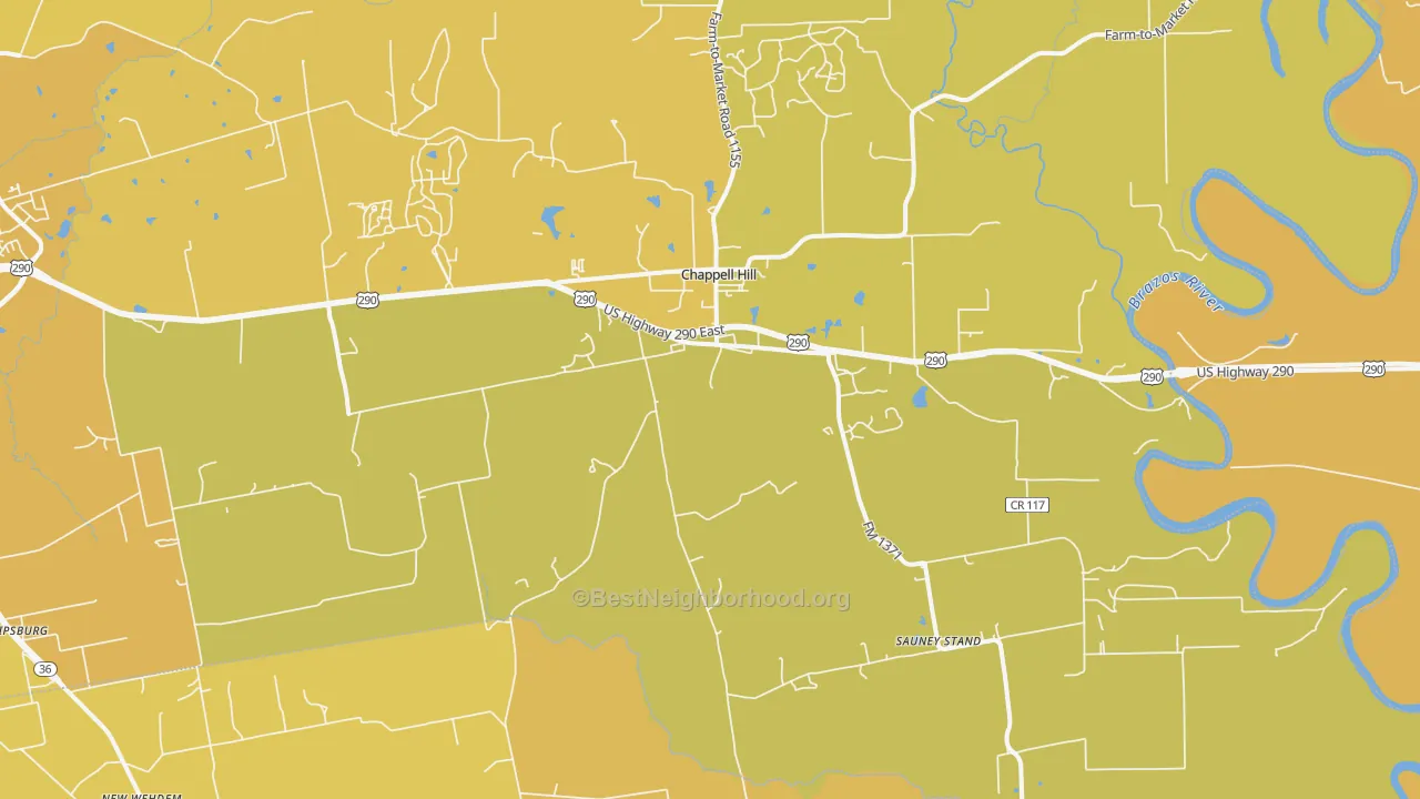 Map of the best neighborhoods in the 77426 area, with better matches in green and worse matches in red