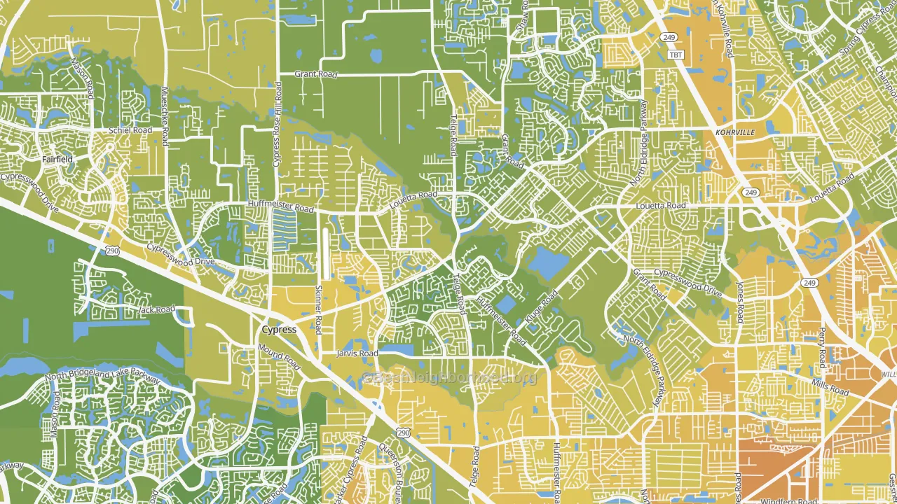 Map of the best neighborhoods in the 77429 area, with better matches in green and worse matches in red