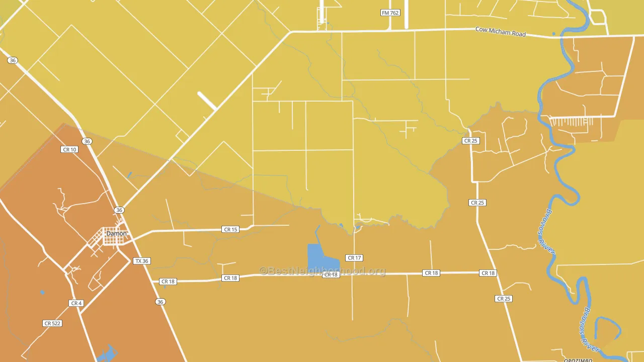 Map of the best neighborhoods in the 77430 area, with better matches in green and worse matches in red