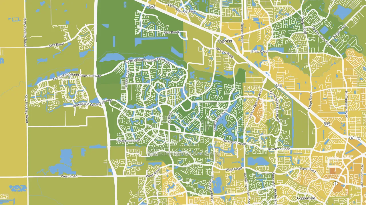 Map of the best neighborhoods in the 77433 area, with better matches in green and worse matches in red