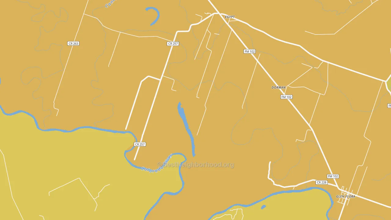 Map of the best neighborhoods in the 77436 area, with better matches in green and worse matches in red