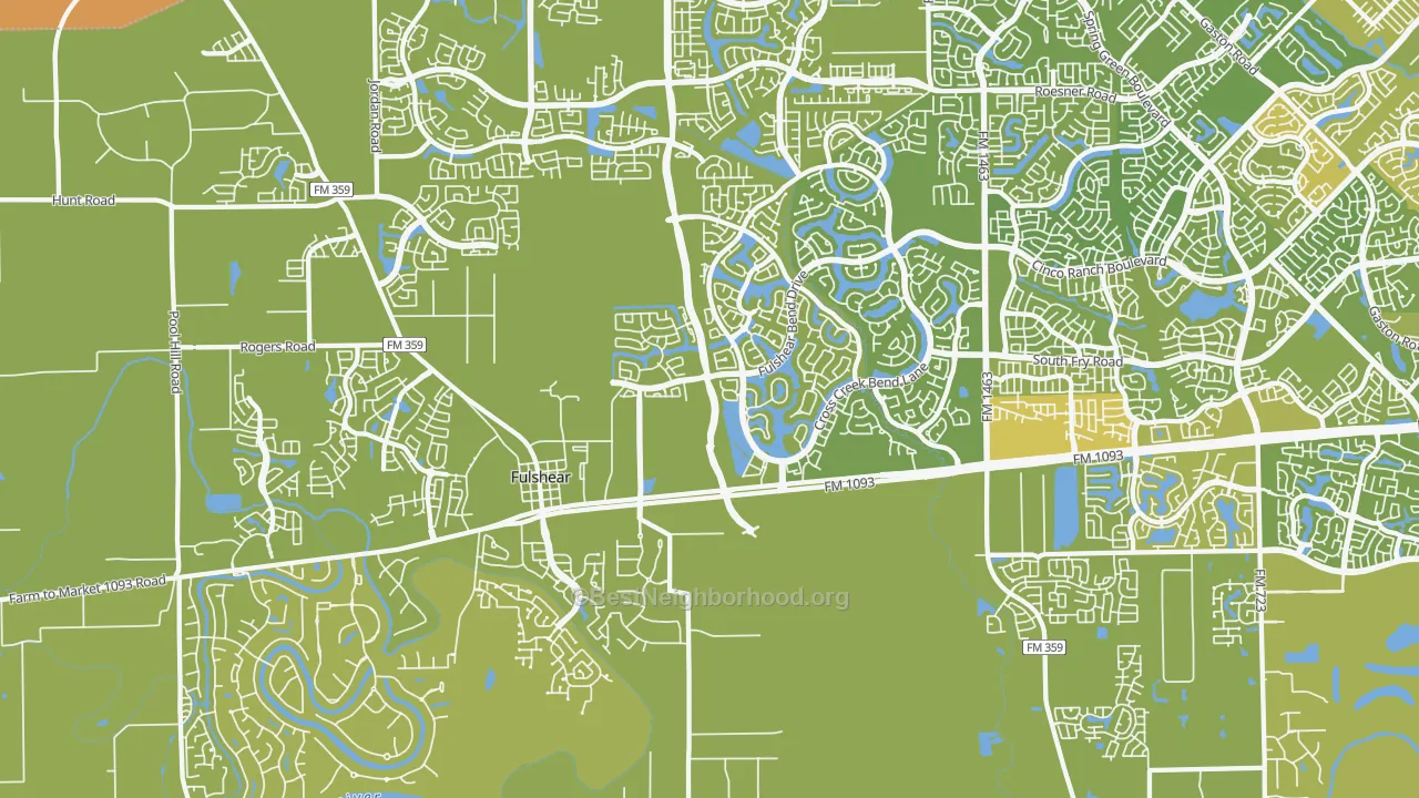 Map of the best neighborhoods in the 77441 area, with better matches in green and worse matches in red