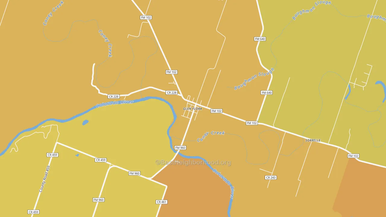 Map of the best neighborhoods in the 77443 area, with better matches in green and worse matches in red