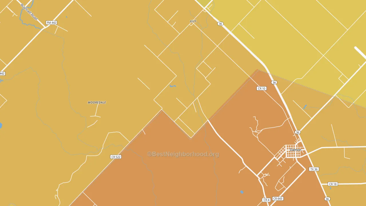 Map of the best neighborhoods in the 77444 area, with better matches in green and worse matches in red