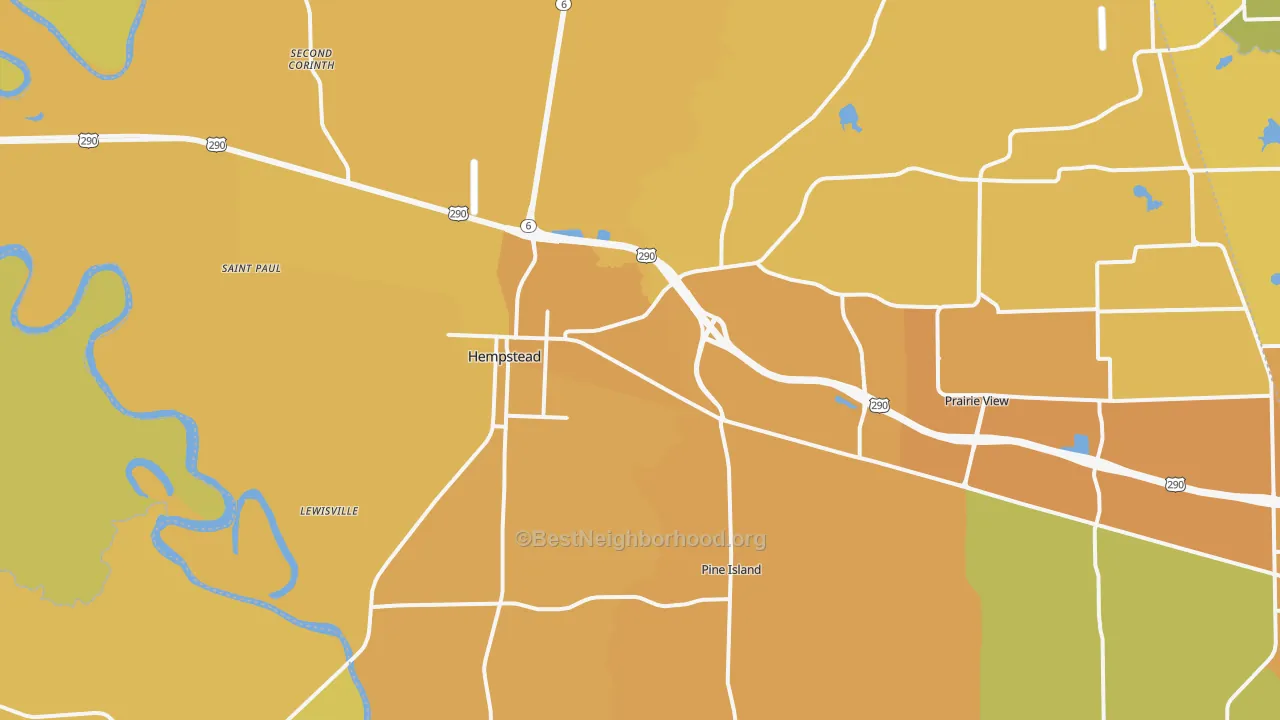 Map of the best neighborhoods in the 77445 area, with better matches in green and worse matches in red