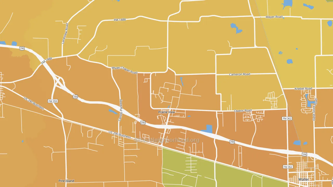 Map of the best neighborhoods in the 77446 area, with better matches in green and worse matches in red