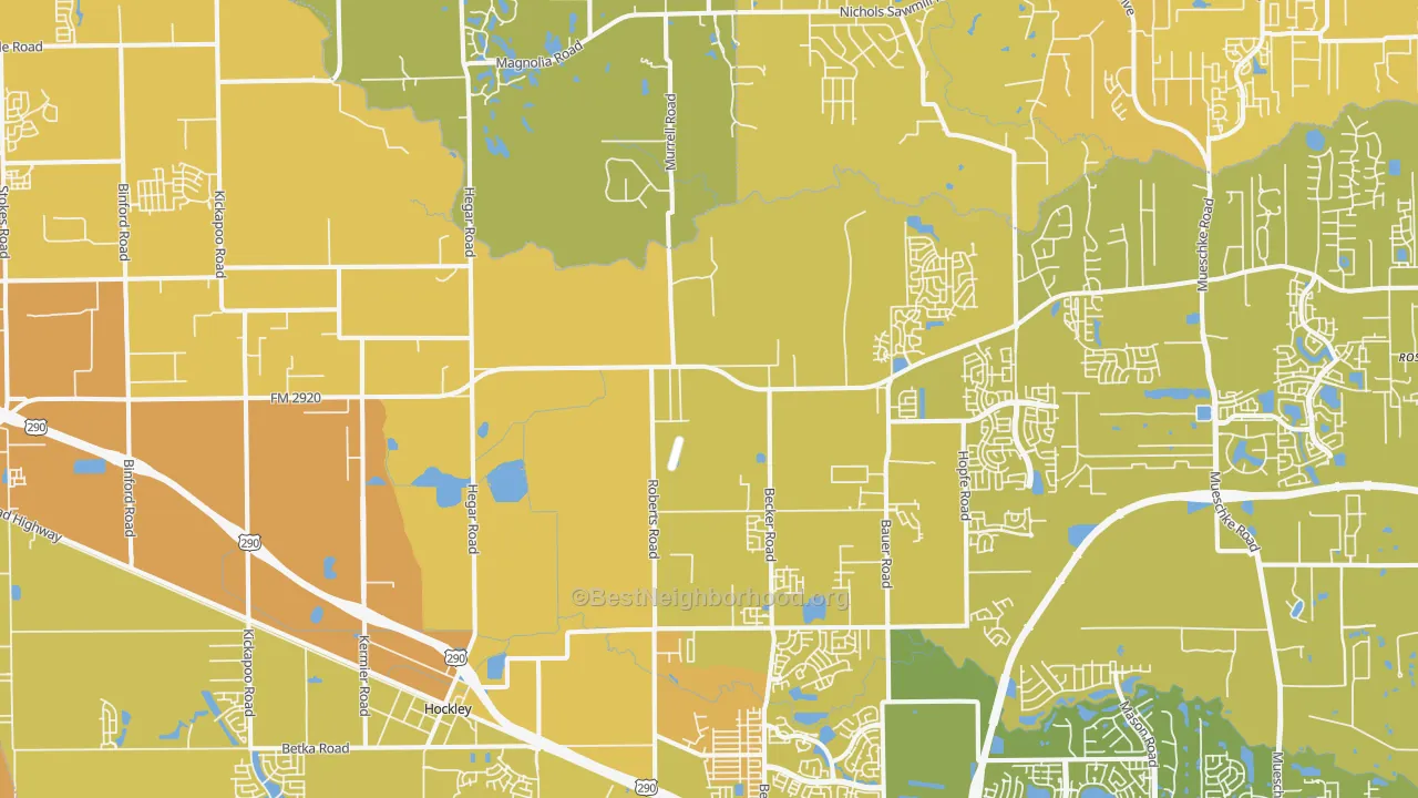 Map of the best neighborhoods in the 77447 area, with better matches in green and worse matches in red