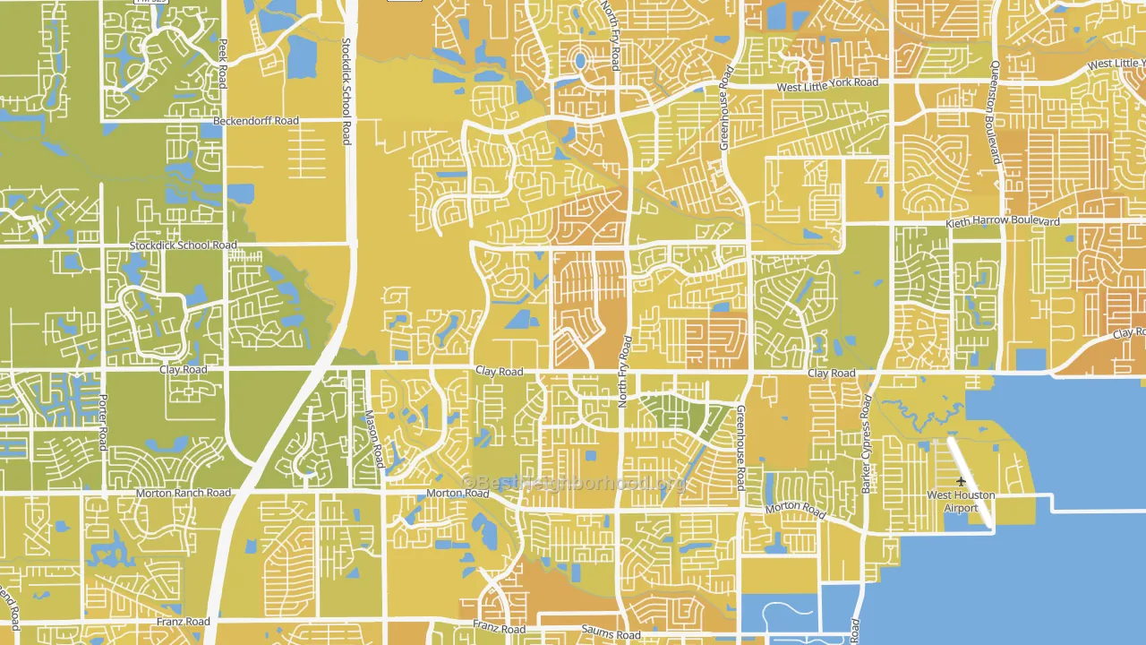 Map of the best neighborhoods in the 77449 area, with better matches in green and worse matches in red