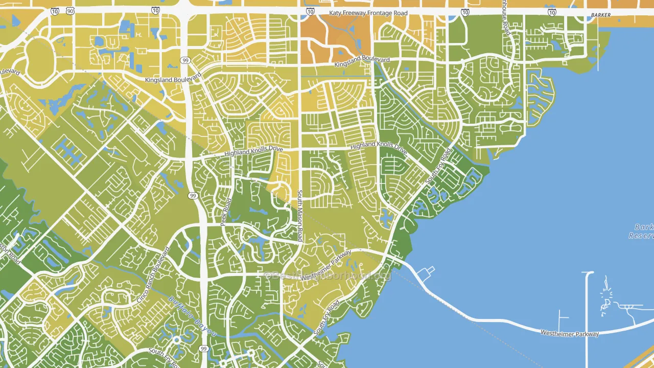 Map of the best neighborhoods in the 77450 area, with better matches in green and worse matches in red