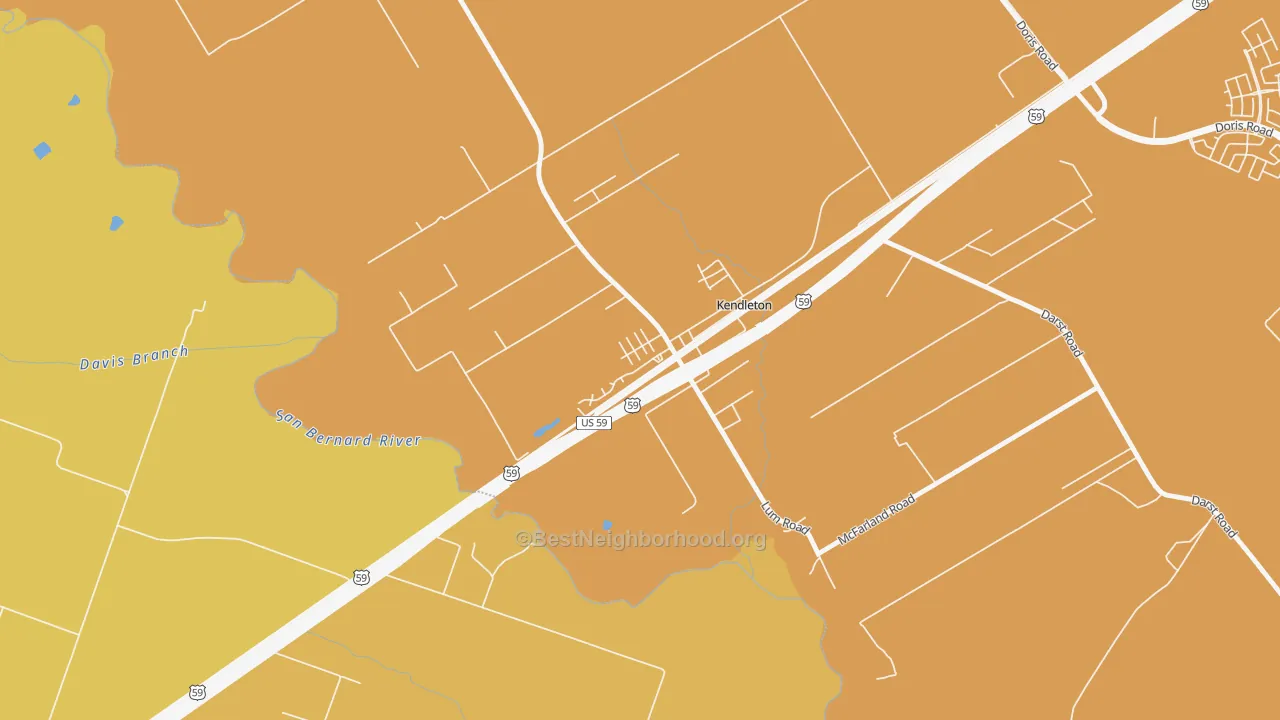 Map of the best neighborhoods in the 77451 area, with better matches in green and worse matches in red