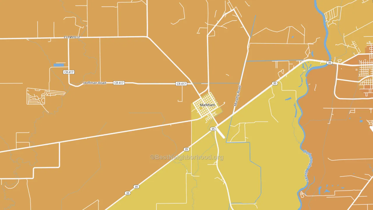 Map of the best neighborhoods in the 77456 area, with better matches in green and worse matches in red