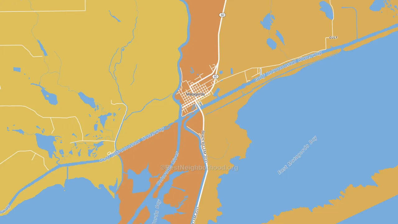 Map of the best neighborhoods in the 77457 area, with better matches in green and worse matches in red