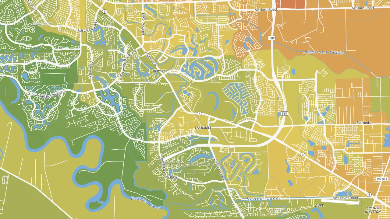 Map of the best neighborhoods in the 77459 area, with better matches in green and worse matches in red