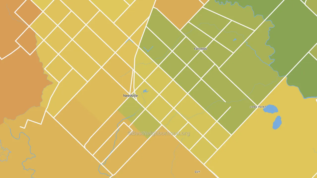Map of the best neighborhoods in the 77461 area, with better matches in green and worse matches in red