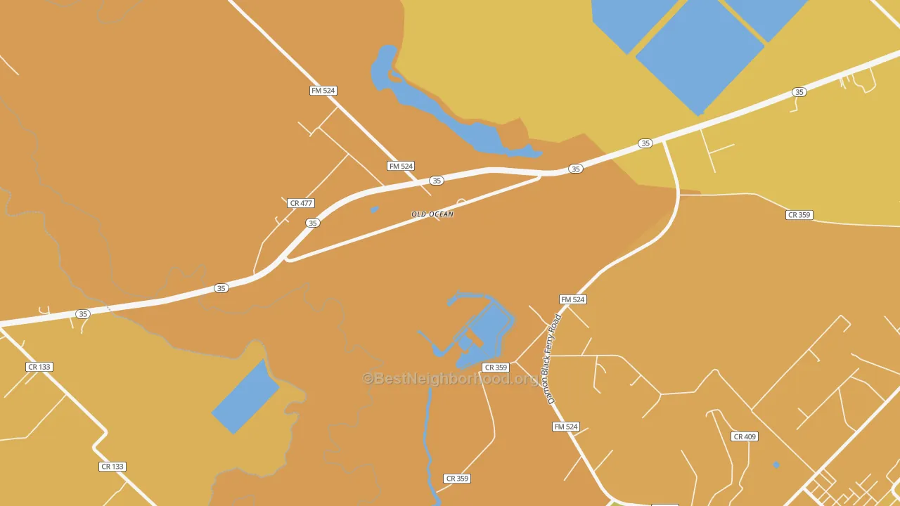 Map of the best neighborhoods in the 77463 area, with better matches in green and worse matches in red