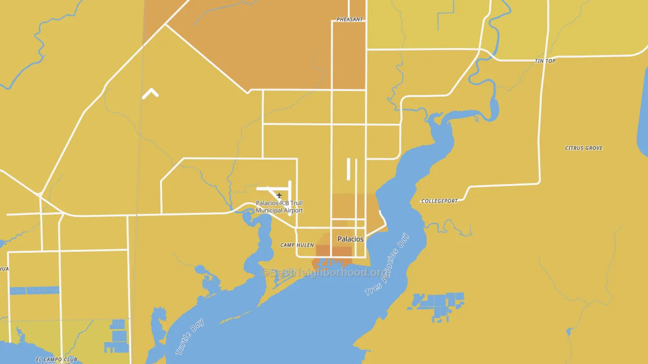 Map of the best neighborhoods in the 77465 area, with better matches in green and worse matches in red