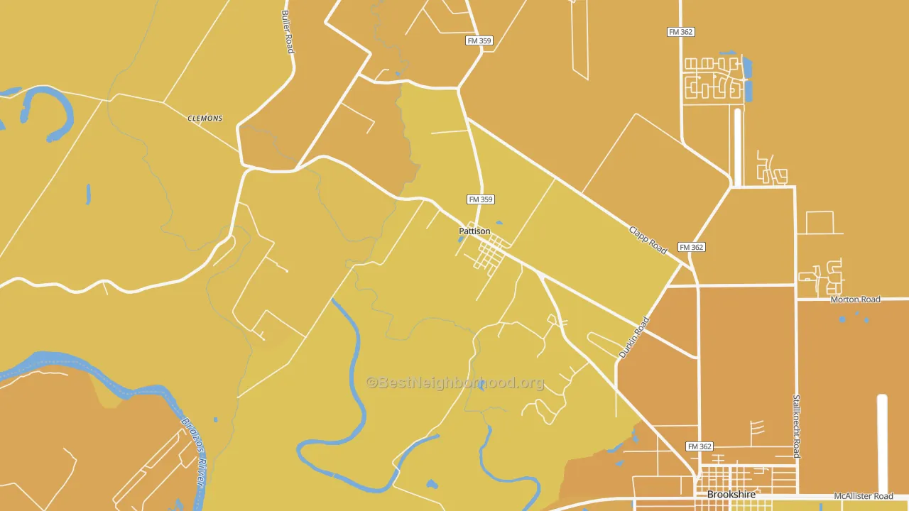 Map of the best neighborhoods in the 77466 area, with better matches in green and worse matches in red