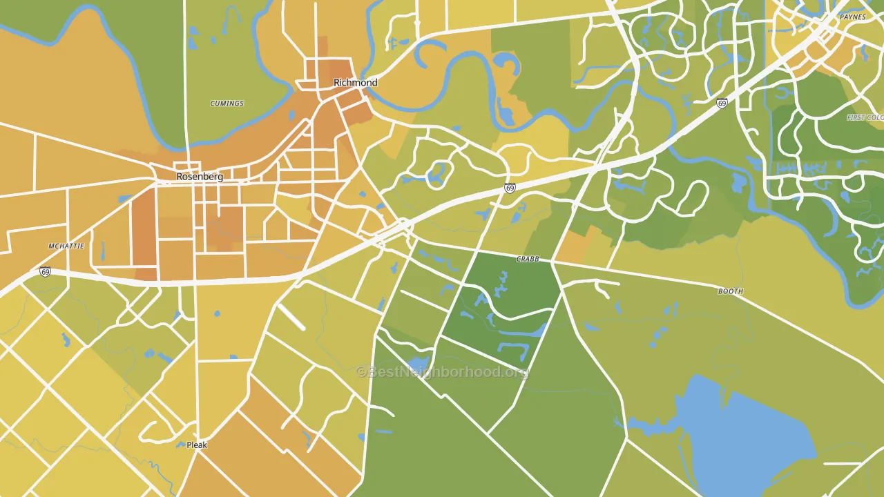 Map of the best neighborhoods in the 77469 area, with better matches in green and worse matches in red