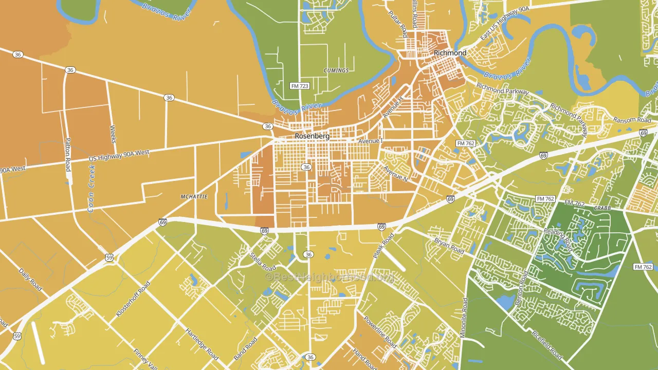 Map of the best neighborhoods in the 77471 area, with better matches in green and worse matches in red
